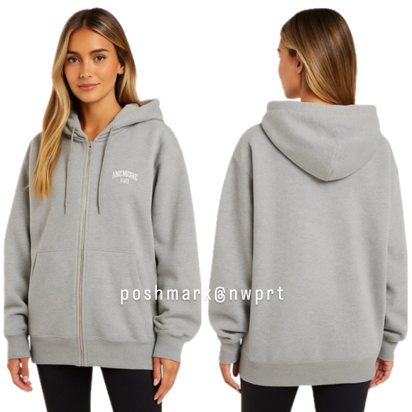 Anine Bing Tops - Anine Bing Zane Hoodie Zip Up Sweatshirt Jacket Heather Grey White XXS XS